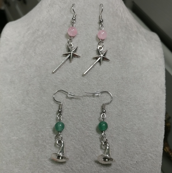 Gemstone Witch Hat Earrings Rose Quartz Aventurine Wand Earrings Stainless-Steel - Picture 9 of 9